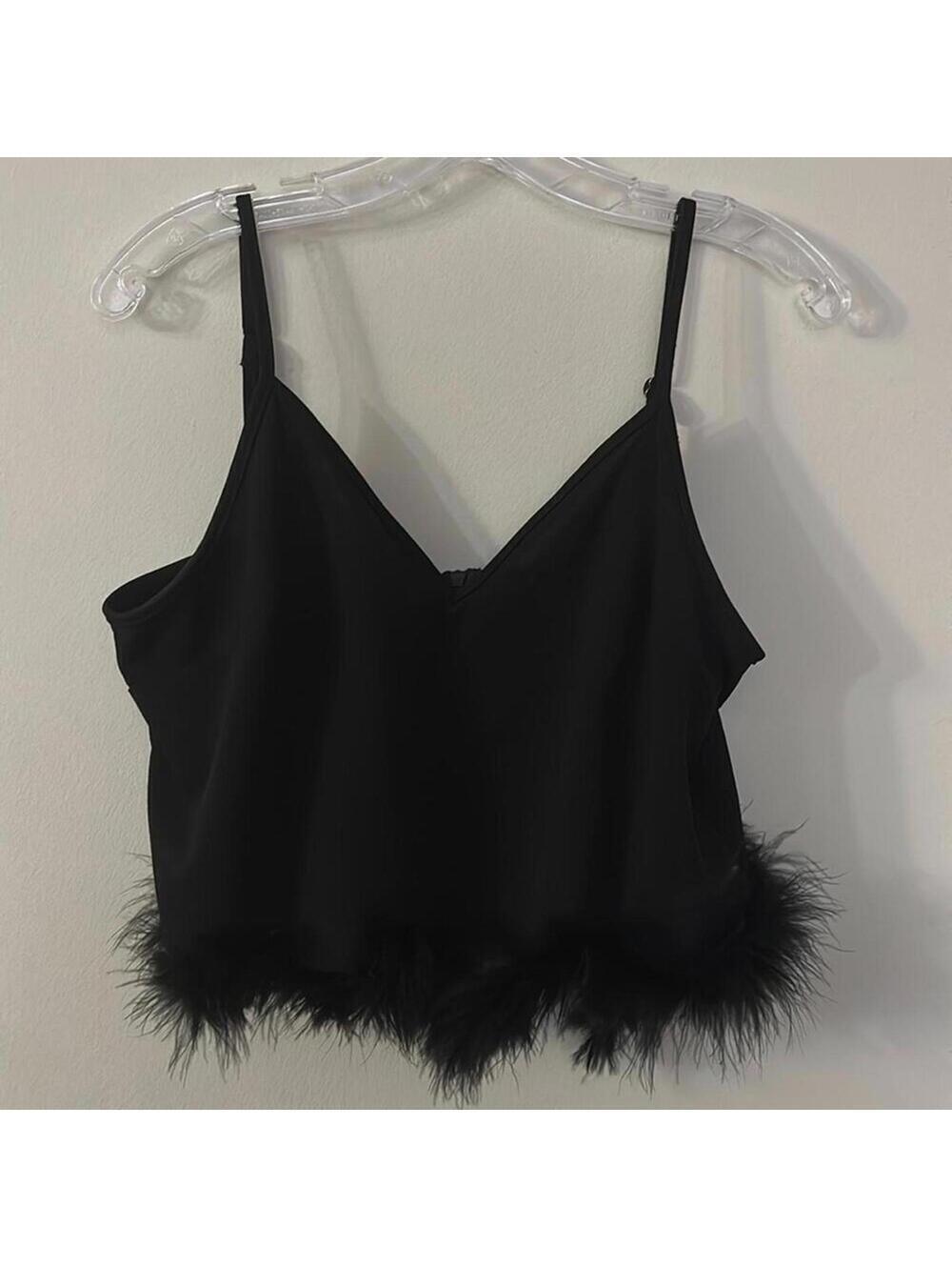 Black Spaghetti Strap Crop Top Boa Fur Trim Holiday Party Club Festival